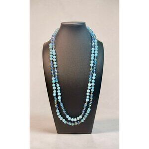 Vintage Extra Long Blue Crystal & Glass Beaded Necklace -291